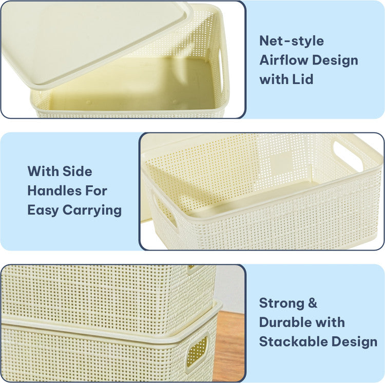 Stackable Storage Baskets With Lid, Plastic Storage Baskets Organizer, Desktop Closet Drawers Organizer