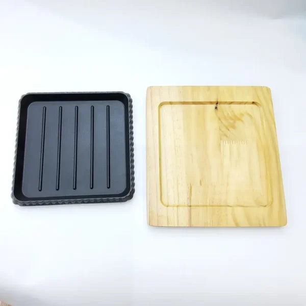 Wooden Base Sizzling Steak Platter, Wooden Base BBQ Grill Tray, BBQ Grill Plate with Heat Resistant Wooden Serving Base, Multi Purpose Grill Plate with Wooden Stand
