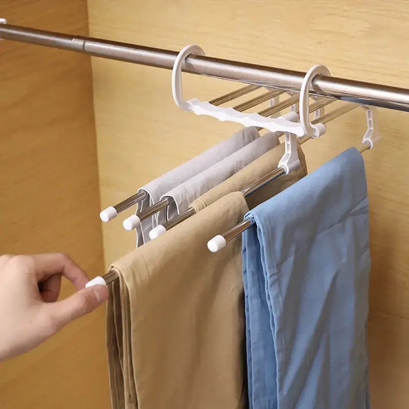 5 In 1 Magic Trouser Rack, Multifunctional Wardrobe Organizer, Multipurpose Clothes Hanger, Telescopic Steel Folding Pants Hanger, Multilayer Jeans Steel Hanger, Adjustable Pants Tie Storage Shelf, Stainless Steel Clothes Hanger