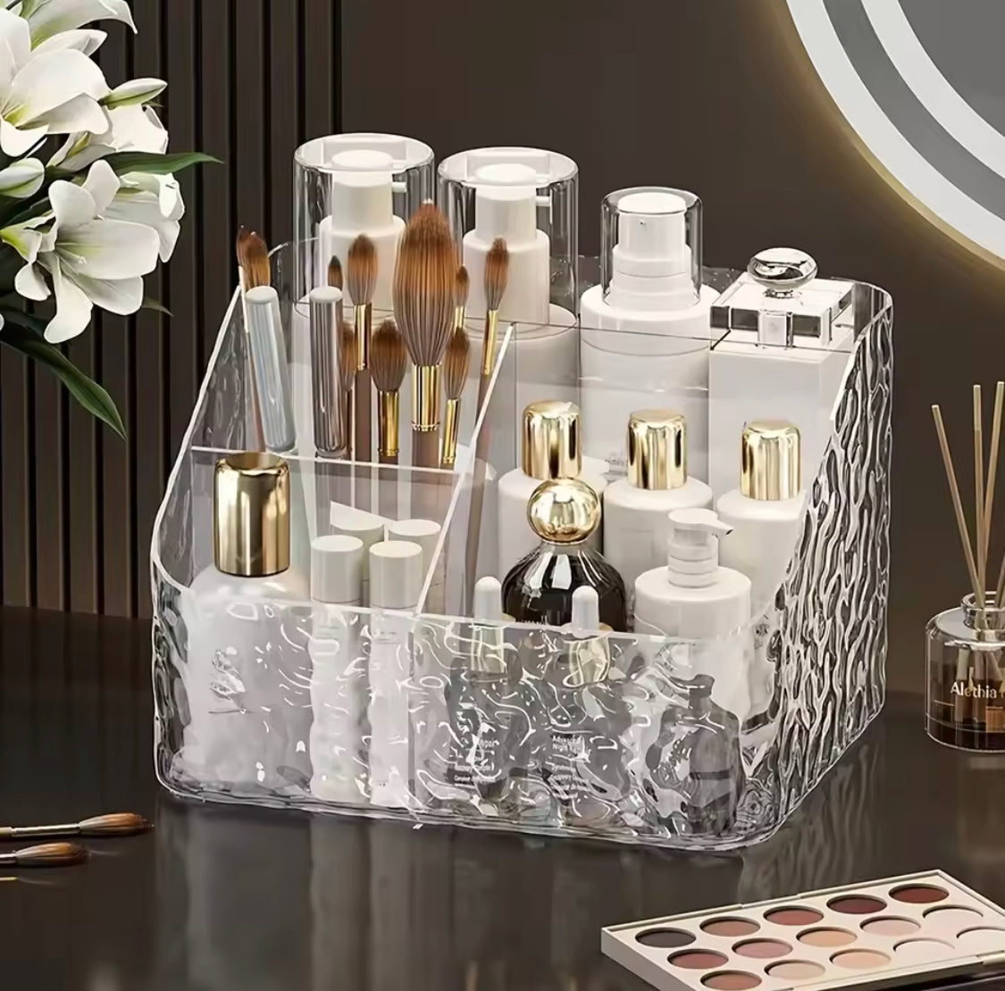 4 Compartment Acrylic Cosmetic Organizer, Transparent Makeup And Skincare Product Holder, Office Desk Stationery Box