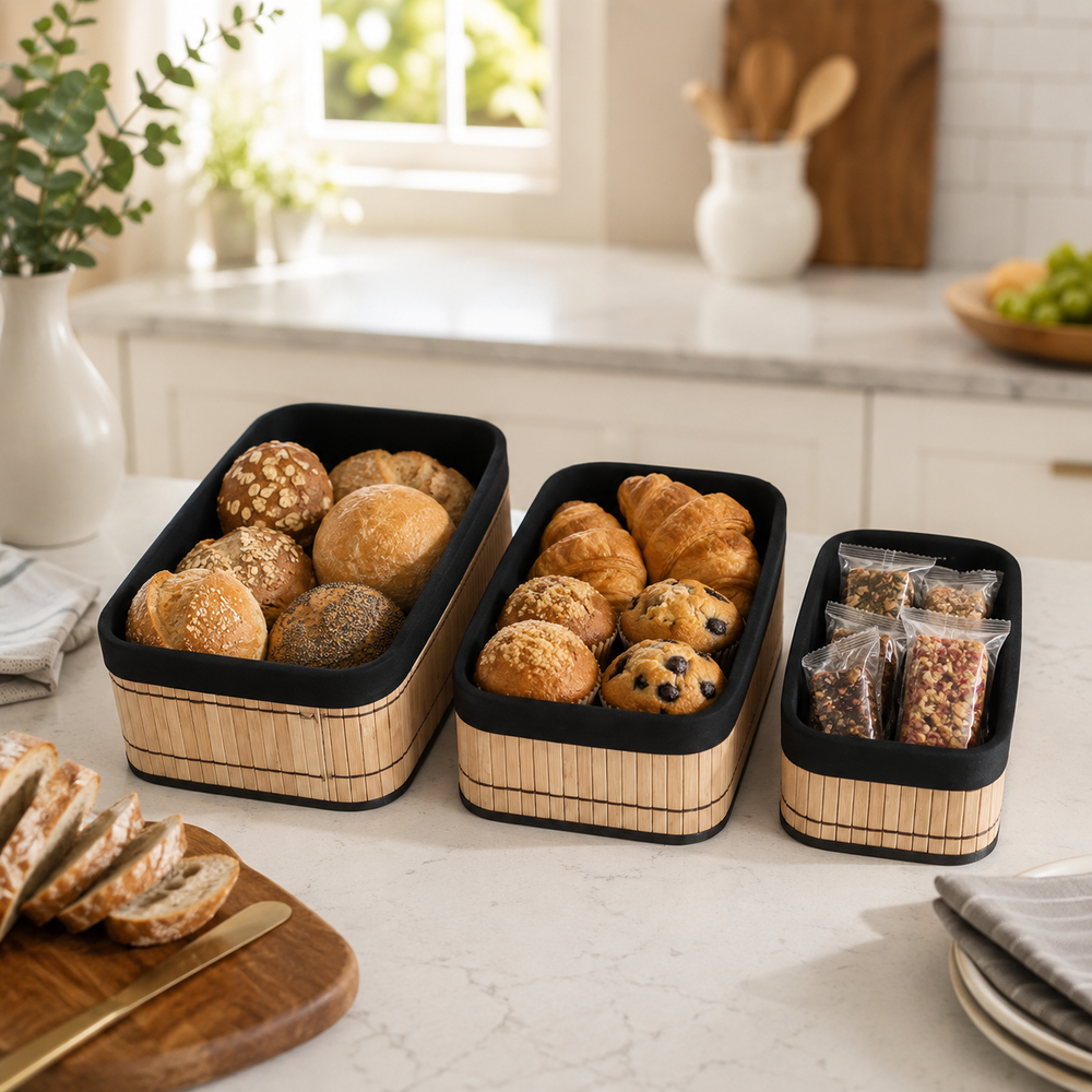 3pcs Bamboo Storage Basket Set, Bamboo Vanity And Bathroom Organizer Set, Multipurpose Bamboo Organizer Baskets