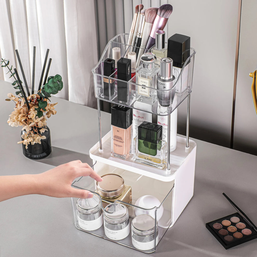 2 Layer Makeup Organizer Countertop, Skincare And Makeup Organizer, Bathroom Counter Organizer, Anti-Slip Dustproof Exquisite Vanity Organizer