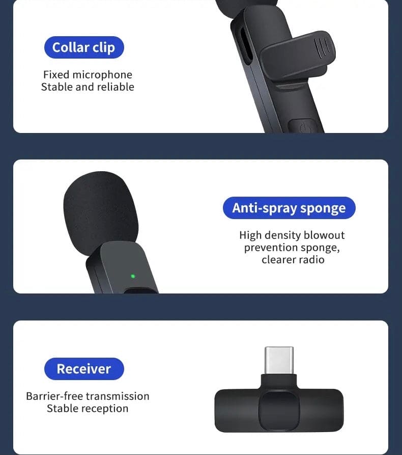Portable Wireless Mic, Wireless Lavalier Microphone, Mini Mic For Audio Video Recording Interview Streaming Tiktok Game Live Broadcast, Lavalier Microphone for Smartphone, K8 Wireless Mini Mic for iPhone Android Type C