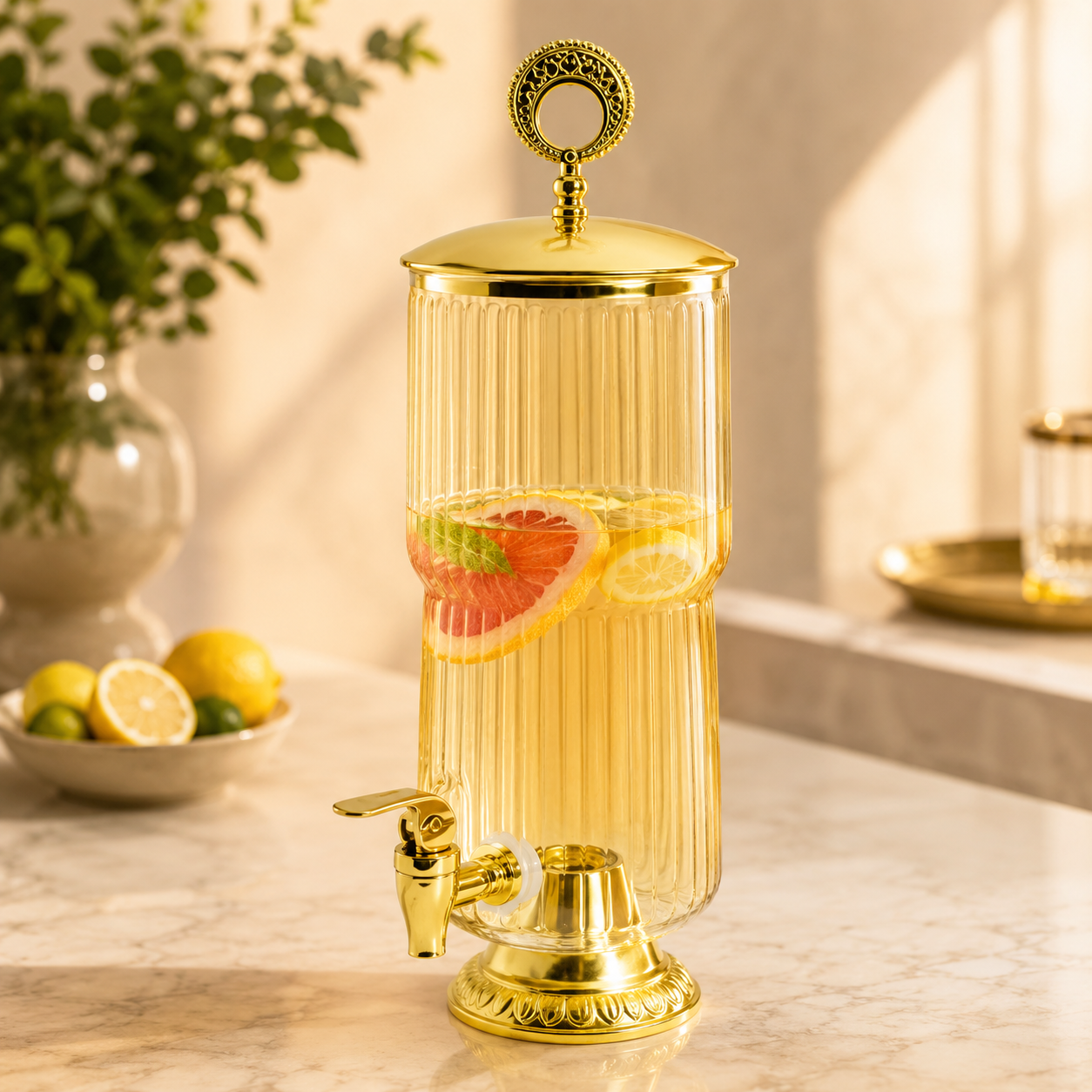 Vintage Style Glass Juice Dispenser, Crystal Glass Beverage Dispenser With Gold Faucet, Premium Glass Beverage Server