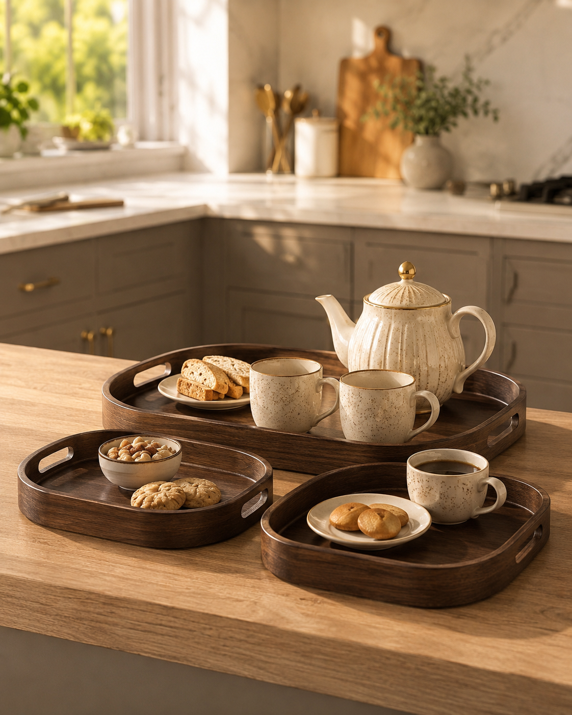 3pcs Dark Wood Serving Tray Set, Wooden Tea Serving Tray Set, Heritage Style Wooden Serving Tray Set, Luxury Brown Wood Breakfast Tray Set