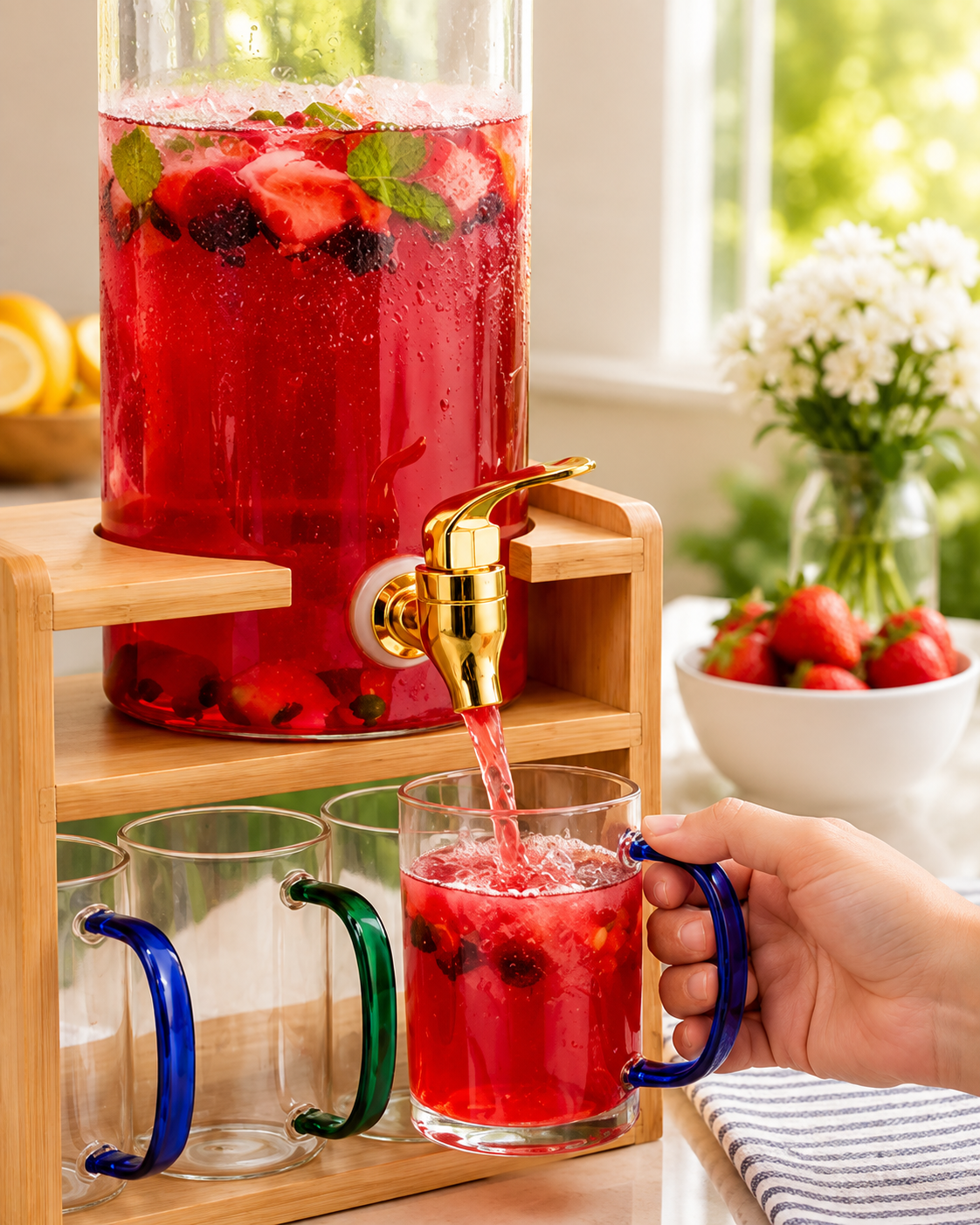 Elegant Beverage Serving Rack with 3 Dispensers, Luxury Juice & Lemonade Serving Station, Beverage Dispenser with 6pcs Cup Set