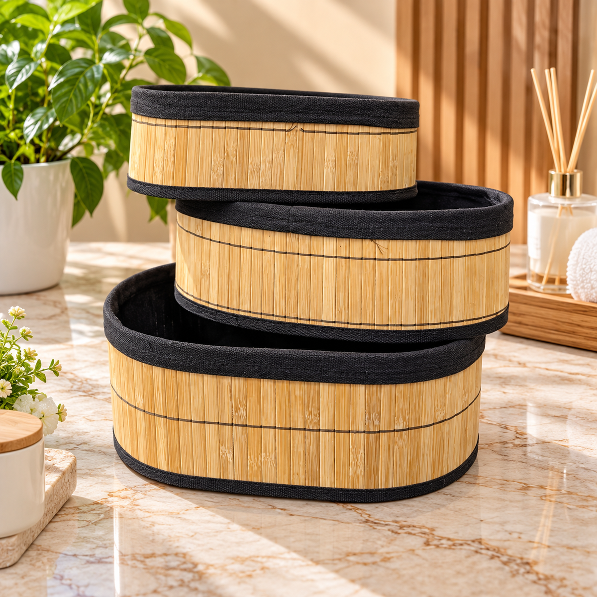 3pcs Bamboo Storage Basket Set, Bamboo Vanity And Bathroom Organizer Set, Multipurpose Bamboo Organizer Baskets