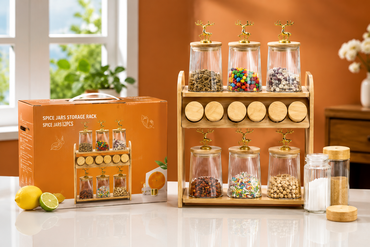 12pcs Wooden Spice Jar Organizer, Decorative Glass Canister Set, Luxury Wooden Spice Rack, Nordic Deer Spice Organizer