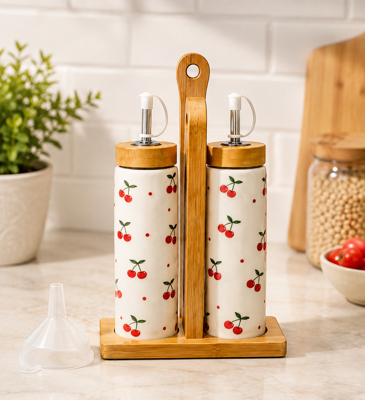 2pcs Ceramic Oil And Vinegar Dispenser Set, Cherry Print Ceramic Oil Dispenser with Bamboo Stand, Oil Vinegar Cruet Set Bamboo Holder