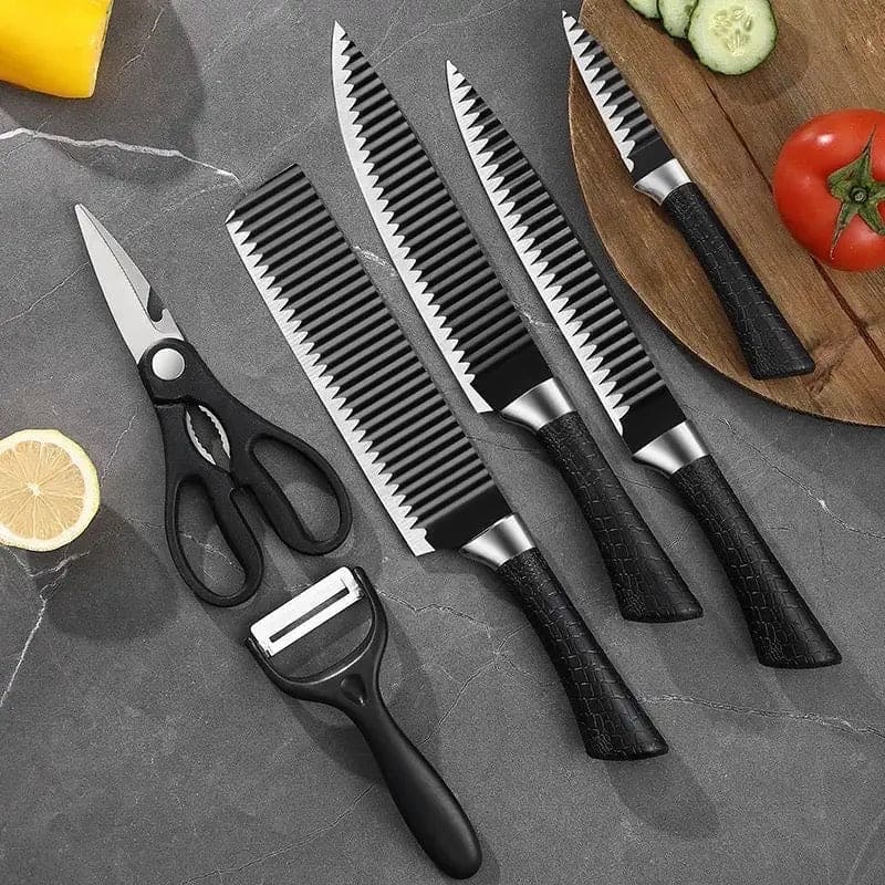 Set Of 6 Stainless Steel Kitchen Knife Set, Black Wave Steel Knife Set, Sharp Professional Chef Knives, Slicing Knife Meat Cleaver Fruit Knife Peeler Scissors, Kitchen Knife Cutlery Set