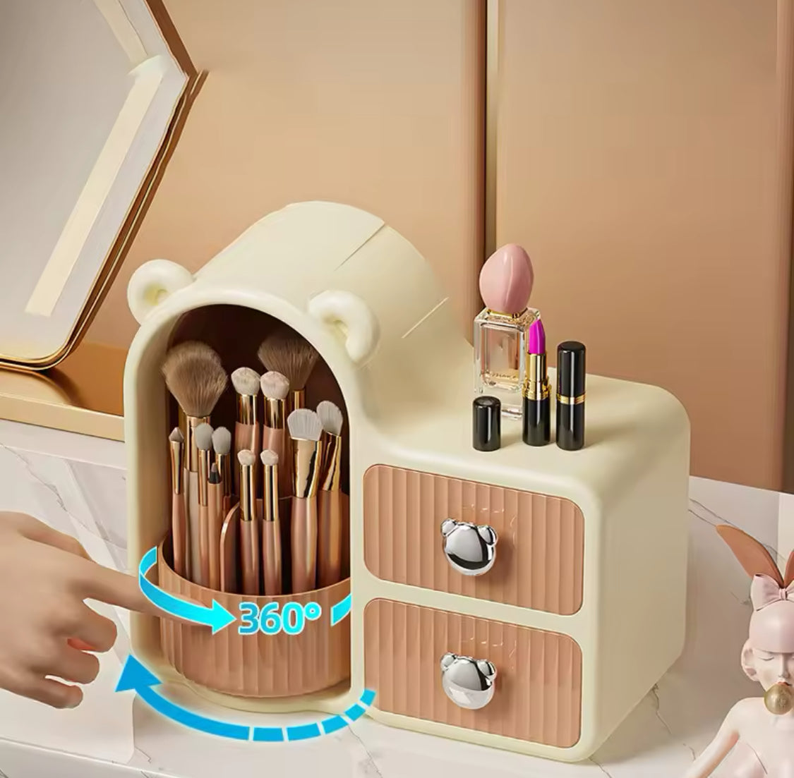 Rotating Desktop Bear Shape Storage Box, Desktop Organizer With 2 Drawers, Makeup And Brushes Organizer, Dressing Table Storage Box