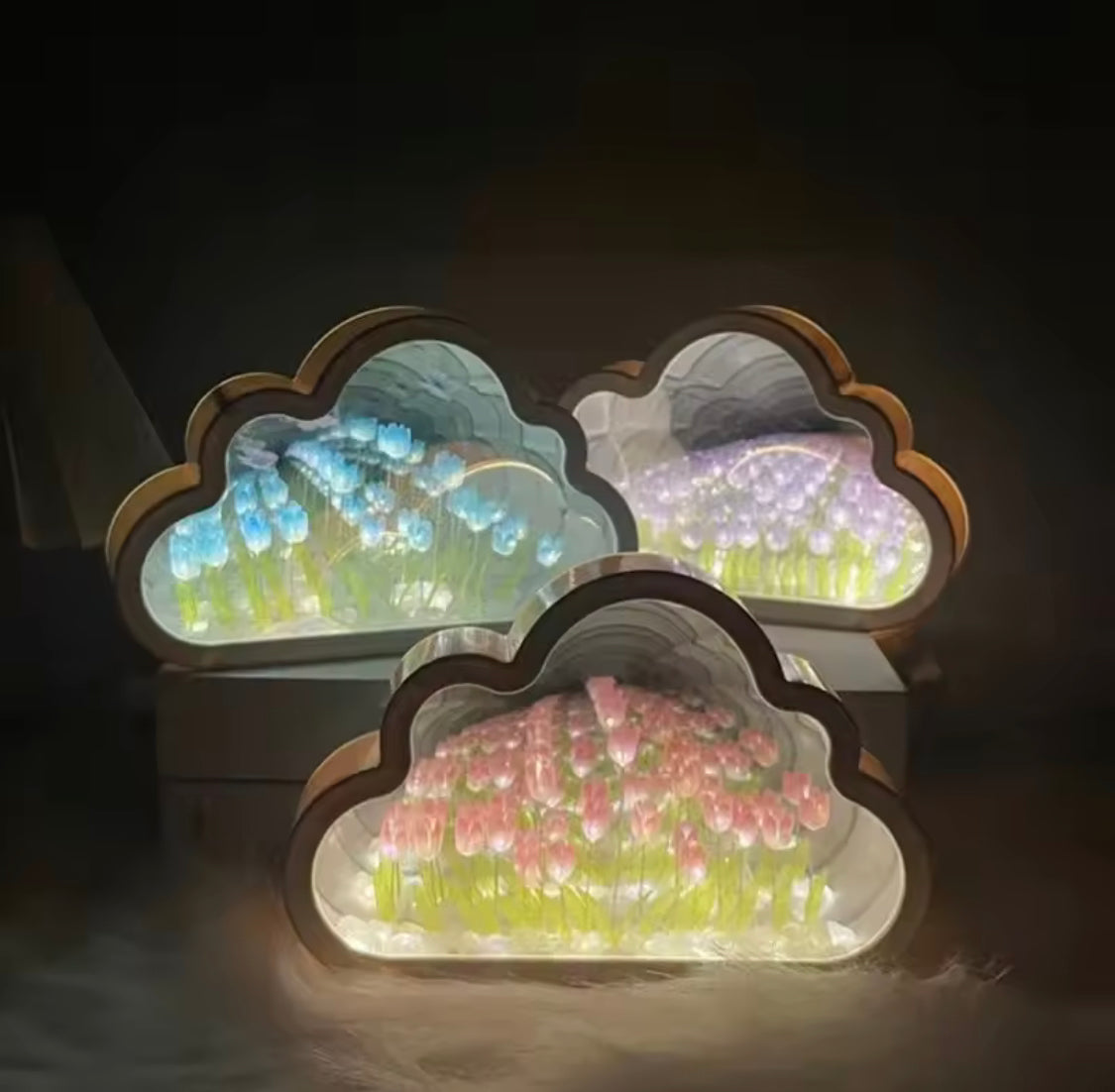 Cloud Shape Tulip Flowers Night Light, Bedroom Decor Mirror Table Lamp, Clouds Tulip Atmosphere Lamp