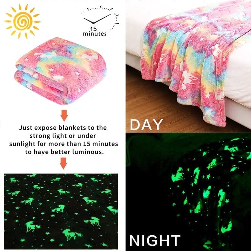 Glow In The Dark Blanket, Luminous Glowing Blanket For Kids, Super Soft Cozy Warm Rainbow Blanket, Unicorns Flannel Throw Blanket, Sleepiwsh Unicorn Kids Glow Throw, Rainbow Blanket Birthday for Toddler Kids, Cozy Soft Fluffy Fleece Nap Sleep Blankets