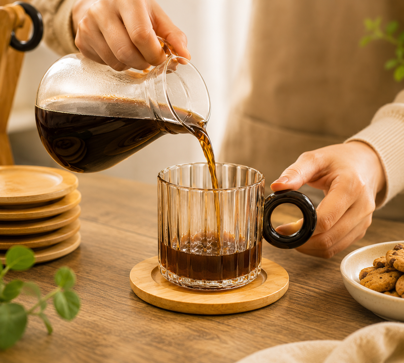 6pcs Ribbed Glass Cups with Bamboo Stand, Countertop Glass Mug Holder And Coaster Set, Fluted Glass Mugs with Bamboo Rack