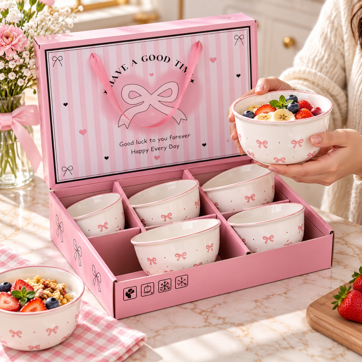 6pcs Ceramic Bowl Set with Pink Bow Design, Cute Bow Printed Ceramic Serving Bowls, Pink Ribbon Design Dessert Bowl Set