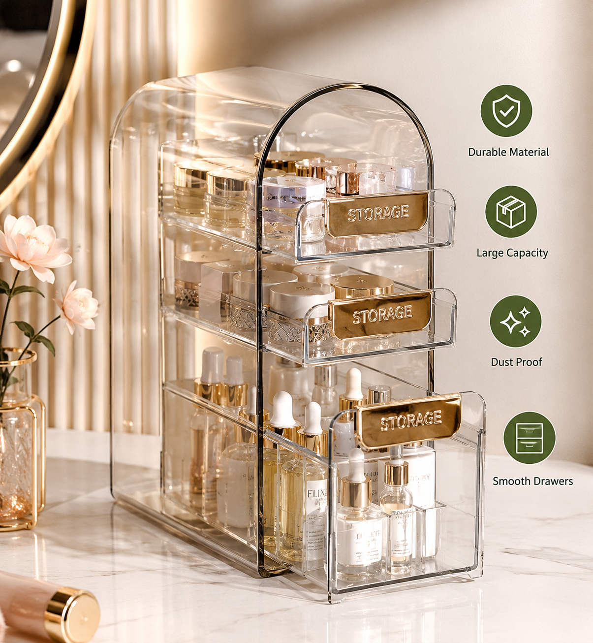 Acrylic Makeup Organizer with 3 Drawers, Transparent Cosmetic Storage Box With Lipstick Holder, Multi Layer Makeup Organizer Cosmetics & Skincare