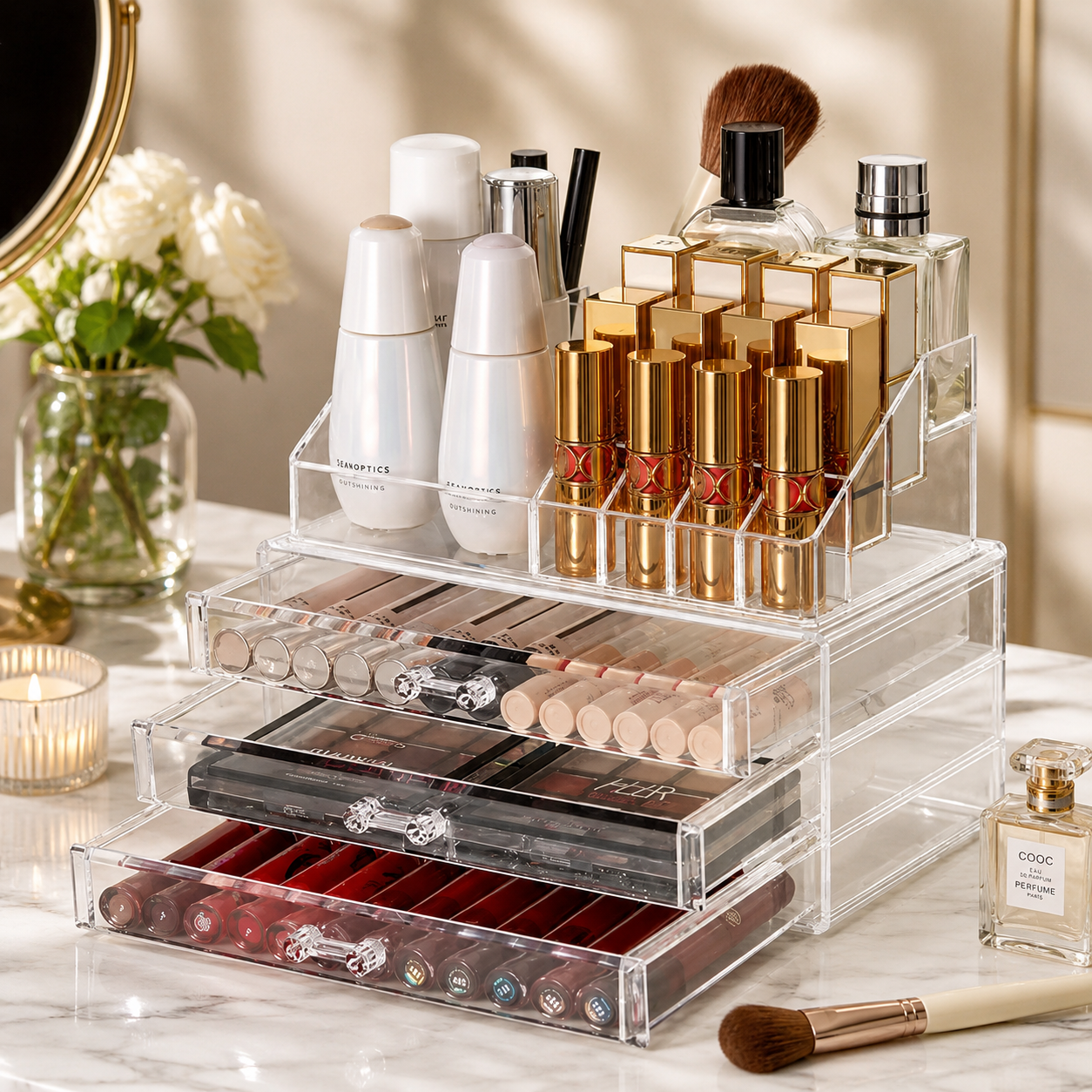 Multi Layer Makeup Organizer with Drawers, Elegant Clear Acrylic Vanity Organizer, Transparent Makeup Organizer with Drawers, Acrylic Lipstick & Cosmetic Organizer