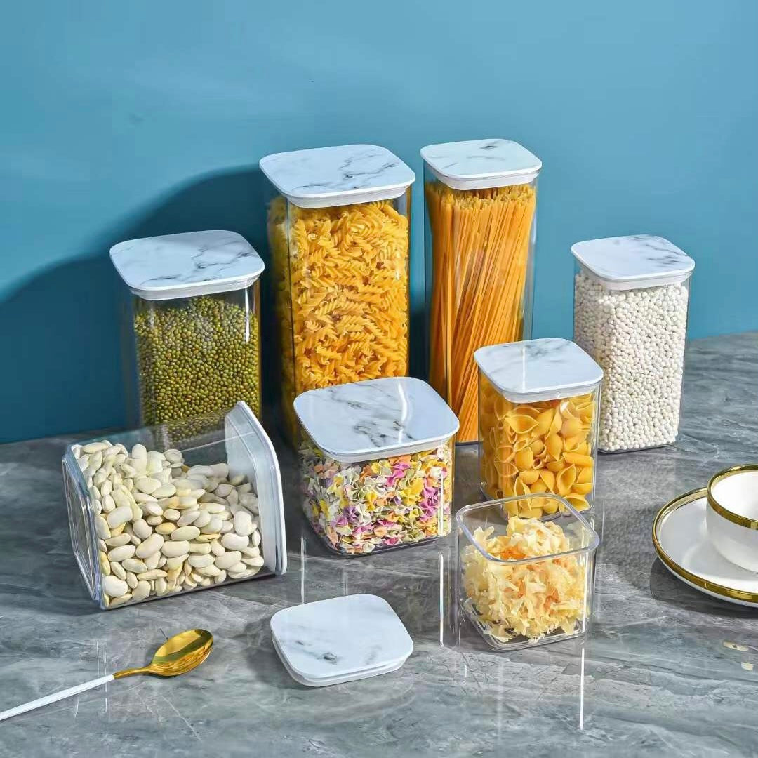 Marble Transparent Storage Jar, Kitchen Square Jar with Lid, Multigrain Tank Container for Cereal, Stackable Kitchen Bulk Sealed Cans, Airtight (500ml, 600ml, 800ml, 1200ml) Food Organizer