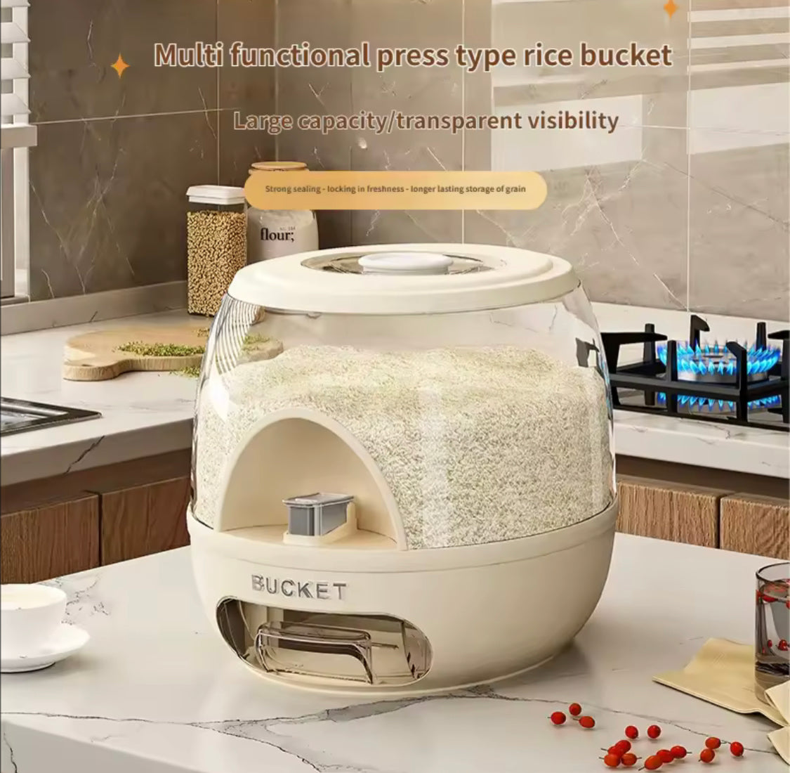 10KG Press Type Kitchen Food Grade Jar, Round Rice Storage Tank, Kitchen Accessories, Kitchen Storage Bucket, Rice Dispenser