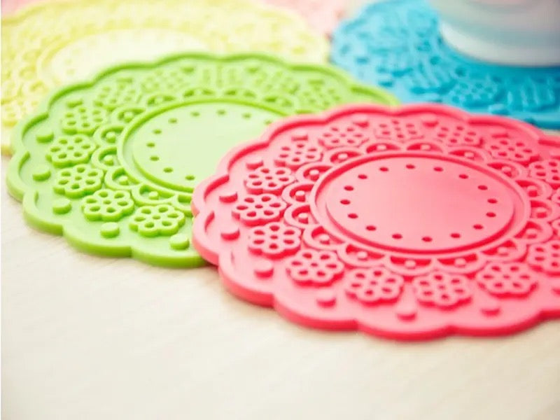 6pcs Semi-Transparent Candy Color Cup Mat, Mat Lace Cup, Creative Nonslip Cup Pad