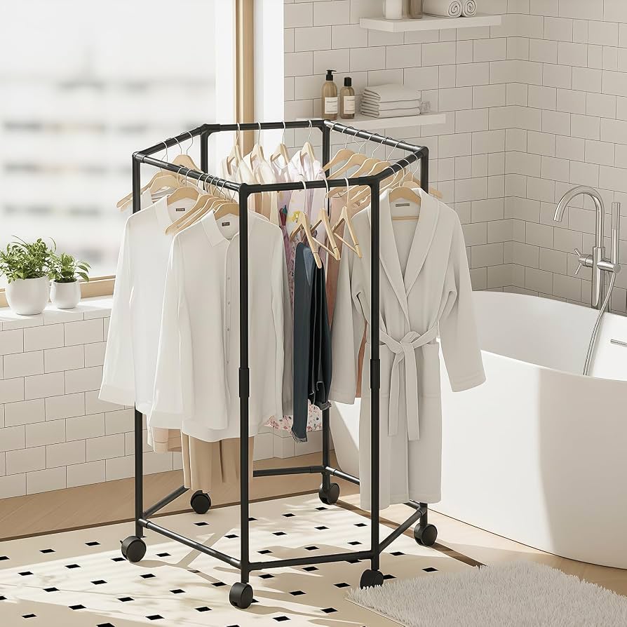 360° Rotating Metal Clothes Stand Rack With Wheels, Multi Purpose Garment Organizer, Rolling Clothes Hanging Rack, Portable Clothes Storage Rack, Space Saving Rolling Clothes Rack