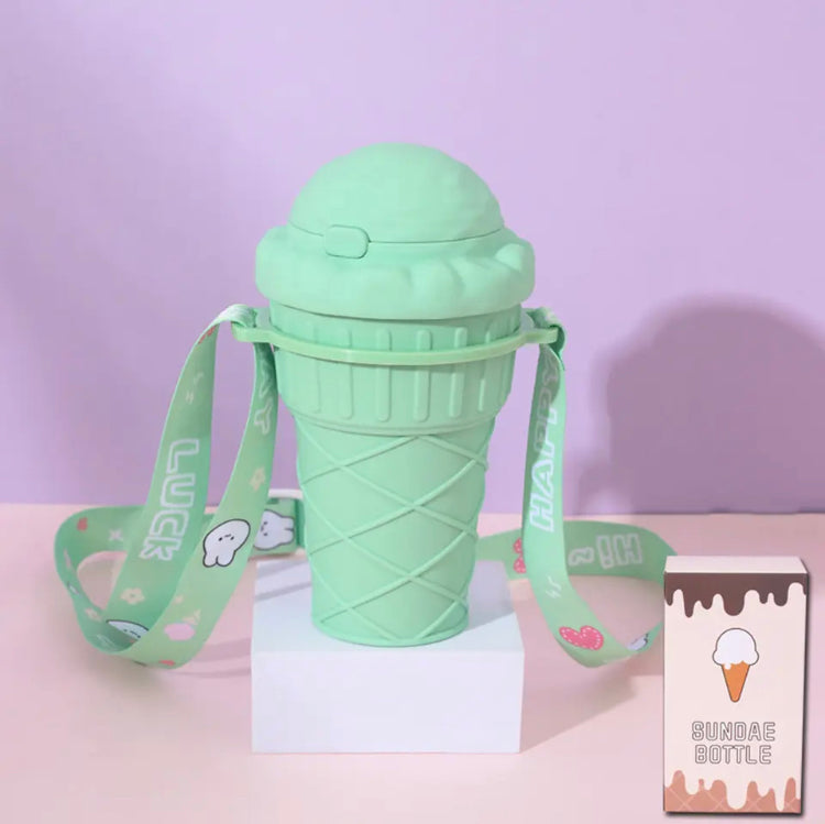 500ml Ice Cream Shape Water Bottles, Water Bottle with Straw, Cute Water Bottles with Adjustable Strap