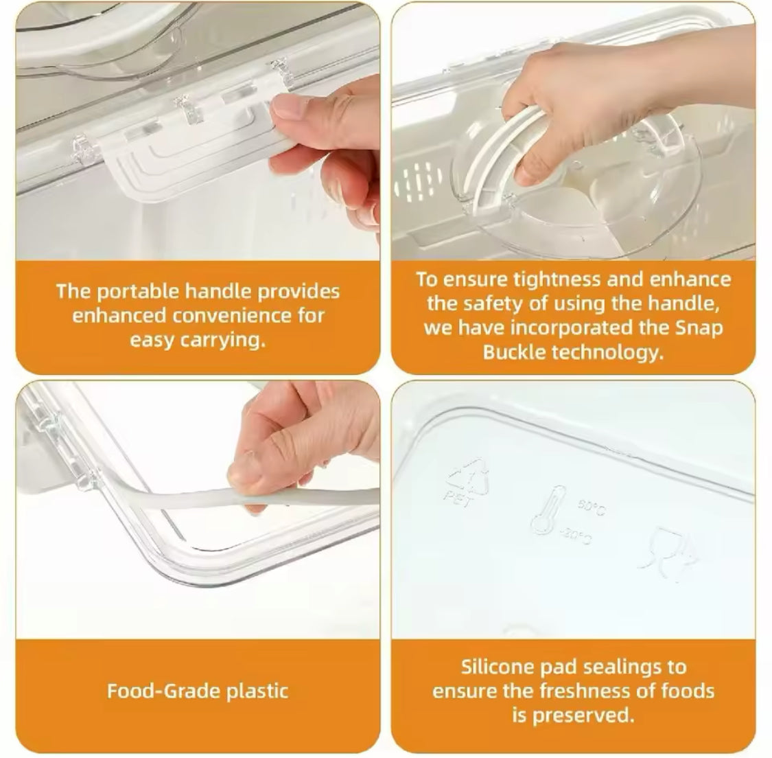 Acrylic 4 Grid Vegetable Storage Box With Handle, Transparent Refrigerator Box, Multi Compartments Fruit Storage Container