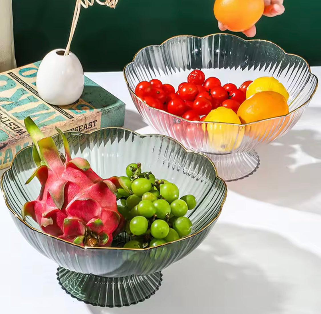 Modern Floral Salad Bowl With Base, Fruit Trifle Serving Dish, Luxury Lightweight Fruit Plate