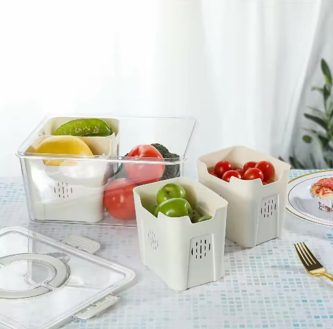 Acrylic 4 Grid Vegetable Storage Box With Handle, Transparent Refrigerator Box, Multi Compartments Fruit Storage Container