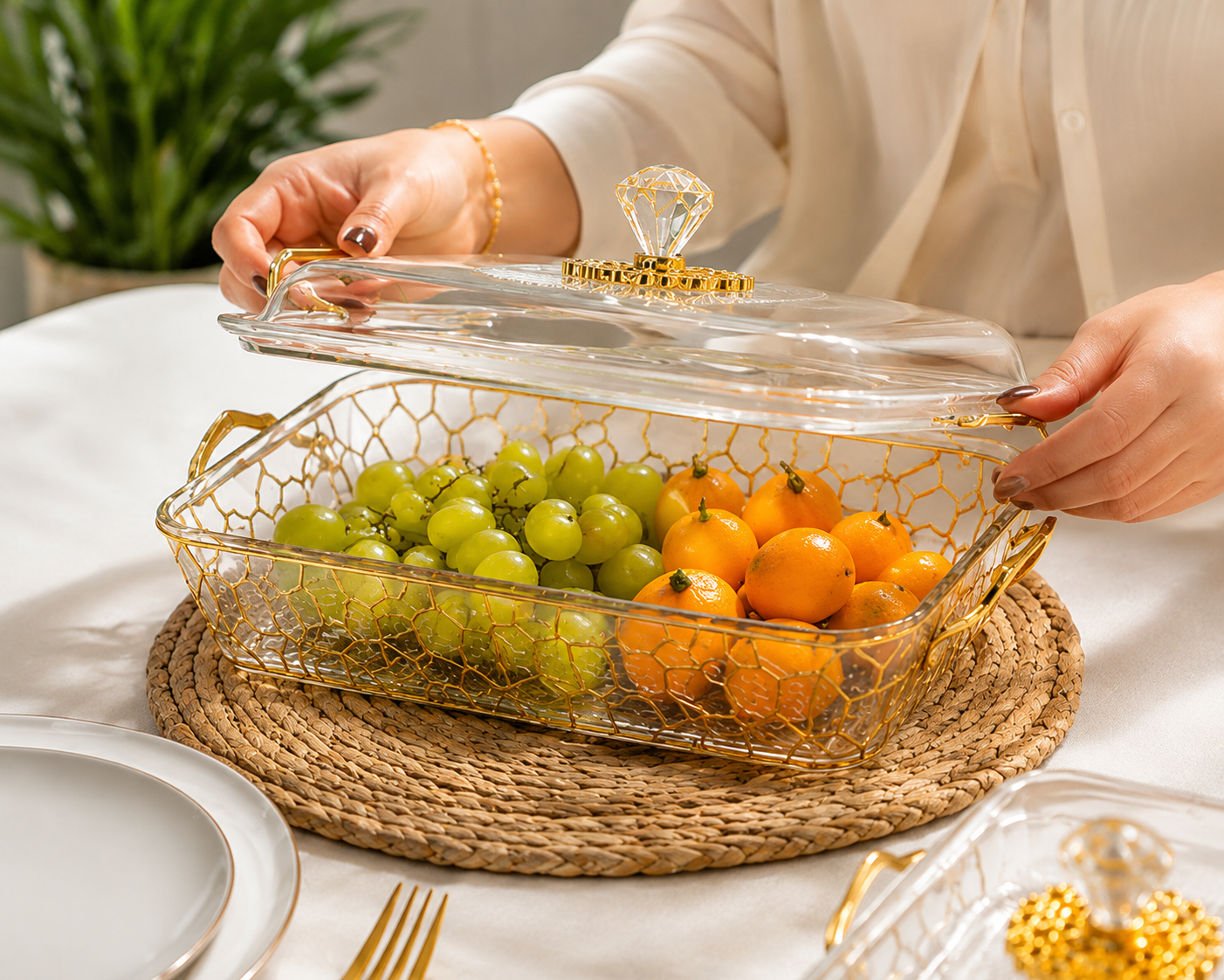3pcs Luxury Glass Serving Dish Set, Decorative Covered Glass Dish Set