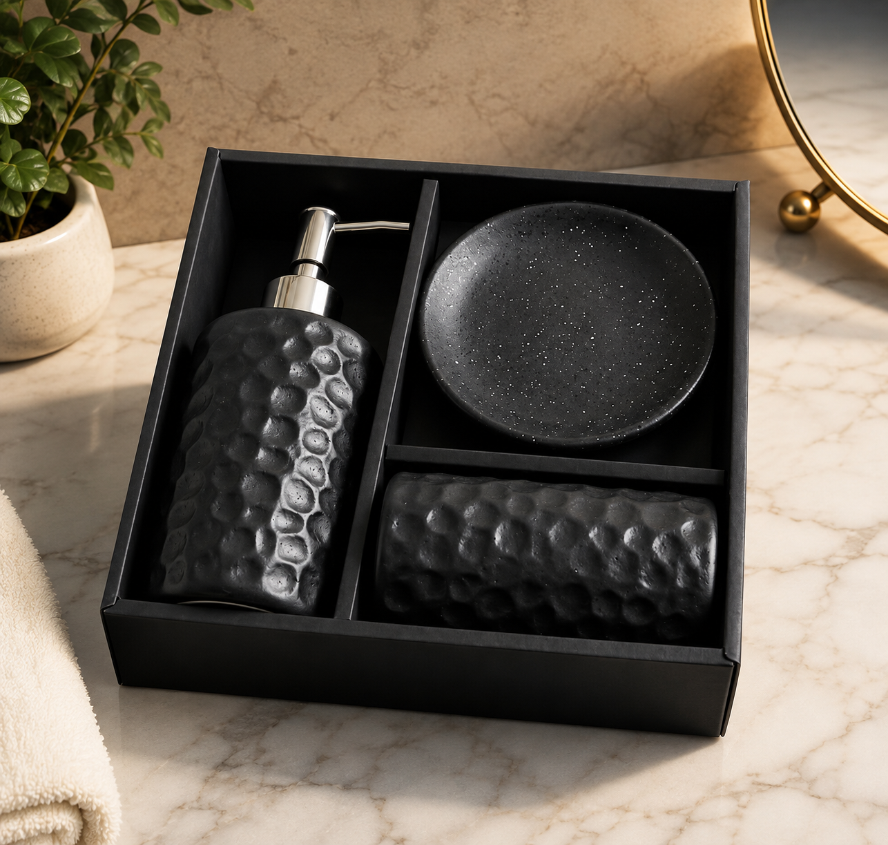 3pcs Ceramic Bathroom Set,     Hammered Texture Ceramic Soap Dispenser, Bath Accessories Set,     Rustic Ceramic Bathroom Essentials Set