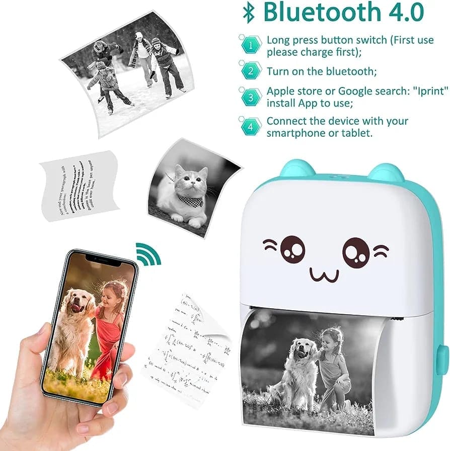 Meow Pocket Printer, Mini Bluetooth Photo Printer, Pocket Printer With Thermal Paper Roll, Wireless Mini Printer For Memo Receipt Label Notes, Thermal Printer Compatible with Android or iOS APP, Smart Thermal Inkless Printer