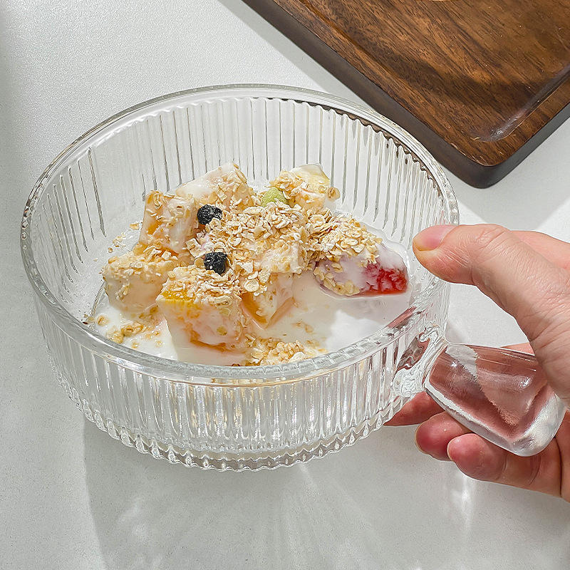 Elegant Ribbed Glass Bowl With Handle, Tableware Glass Salad Bowl, Transparent Glass Food Bowl,     Ribbed Glass Yogurt & Dessert Bowl