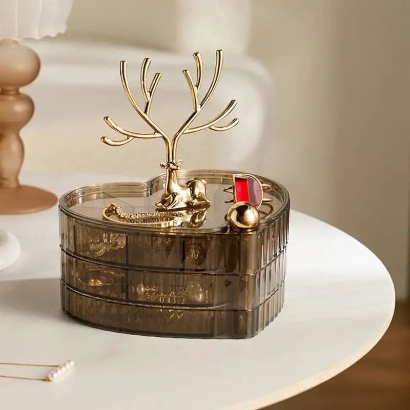 Little Deer Jewellery Organizer, 3 Layer Rotating Necklace Jewelry Box, Light Luxury Heart Desktop Sundries Makeup Organizer, Elegant Decorative Necklace Earrings Bracelet Container, Acrylic Jewelry Display Stand, Large Capacity Striped Box