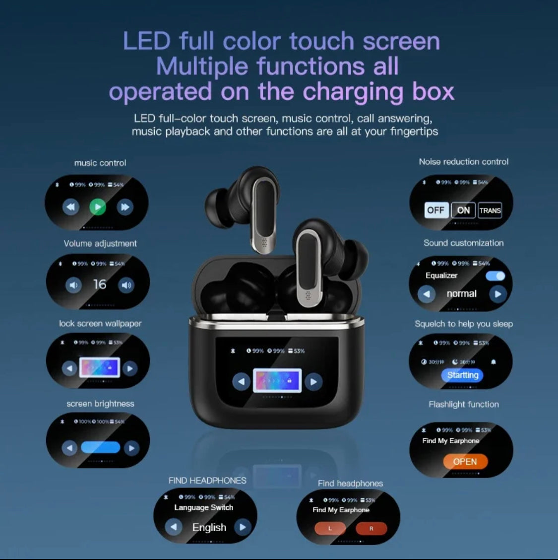 LCD Touch Screen EarBuds, Bluetooth Touch Control Noise Reduction EarB ...