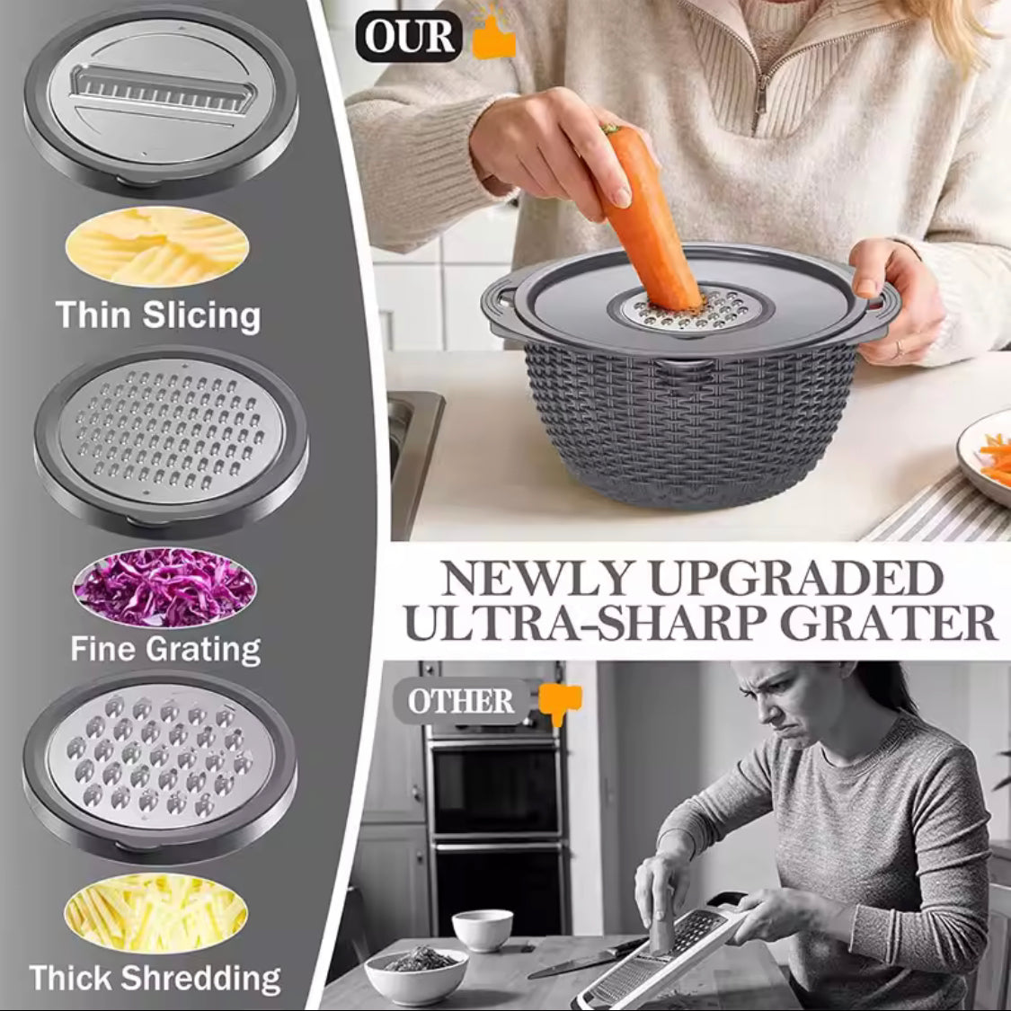 4 In 1 Colander With Lid Set, Rotatable Strainer With Bowl, Multipurpose Mixing And Strainer Set, Multipurpose Grater Colander Basket