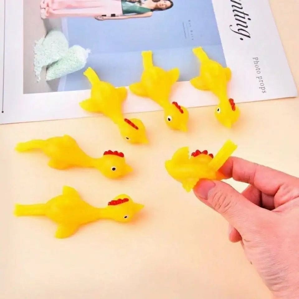 Set Of 5 Chick Toy, Crazy Flying Chicken, Bouncy Rubber Chicken, Slingshot Chicken Toy, Catapult Chicken Prank Toy, Elastic Flying Finger Birds, Sticky Decompression Toy