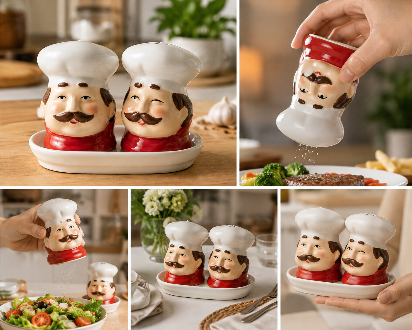 Ceramic Chef Salt And Pepper Shaker Set, 2pcs Kitchen Seasoning Set with Serving Tray