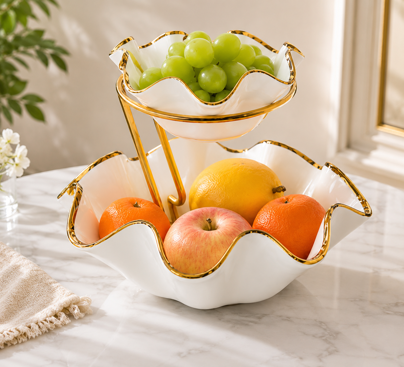 Elegant 2 Tier Serving Bowl Stand, Wave Design 2 Tier Serving Bowl, Classic White Gold Serving Stand, Elegant Multi Purpose Serving Bowl