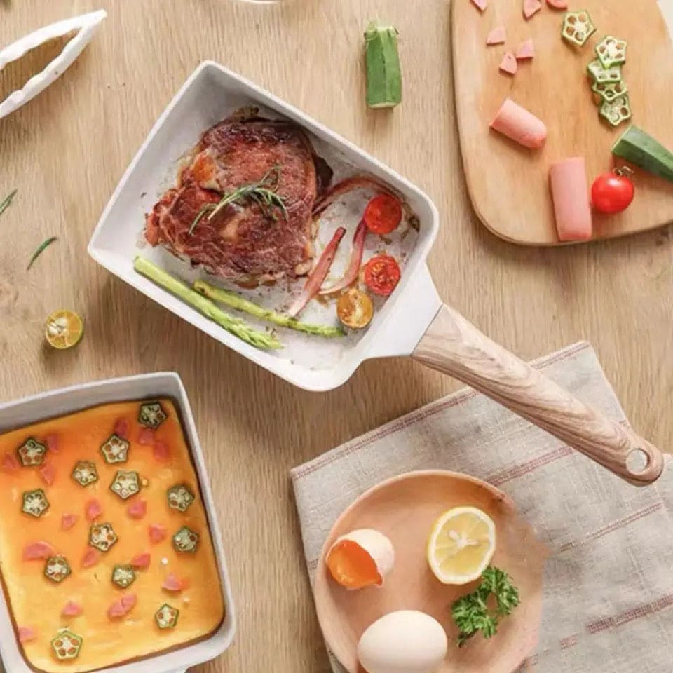 Square Ceramic Frying Pan, Durable Stone Frying Pan, Wooden Handle Square Frying Pan, Omelette Non Stick Fry Egg Kitchen Breakfast Maker, Square Thick Frying Tool, Anti Slip Tamagoyaki Pan, Square Egg Pan, Daily Cookware Gadget, Home Kitchen Items