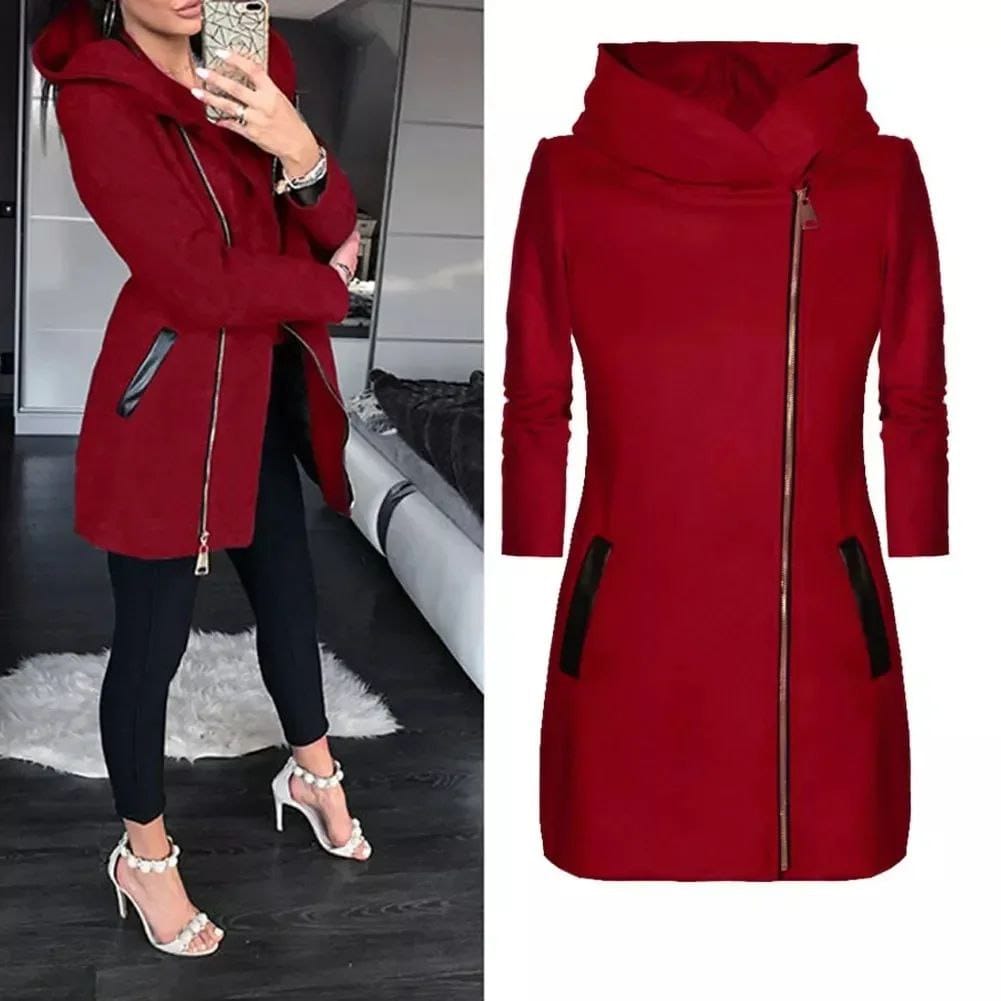 Women Long Leather Patch Side Zipper Jacket