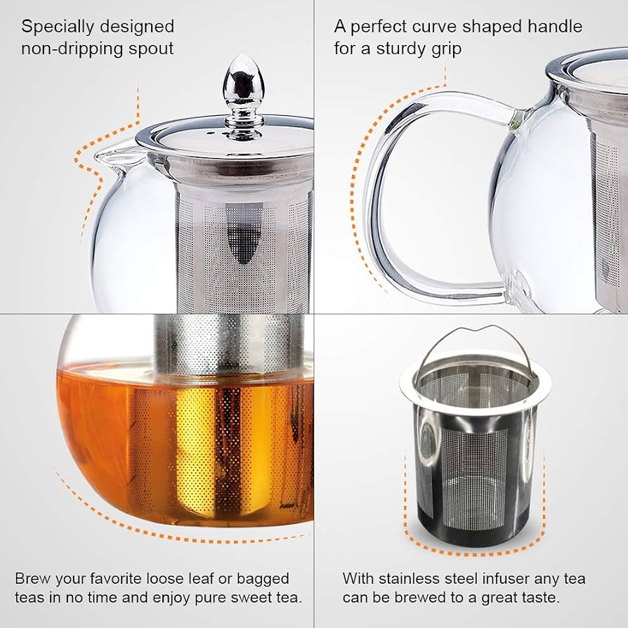 Glass Teapot with Stainless Steel Infuser, Double Wall Glass Tea Infuser Pot, Round Glass Tea Brewing Pot, Transparent Glass Tea Kettle