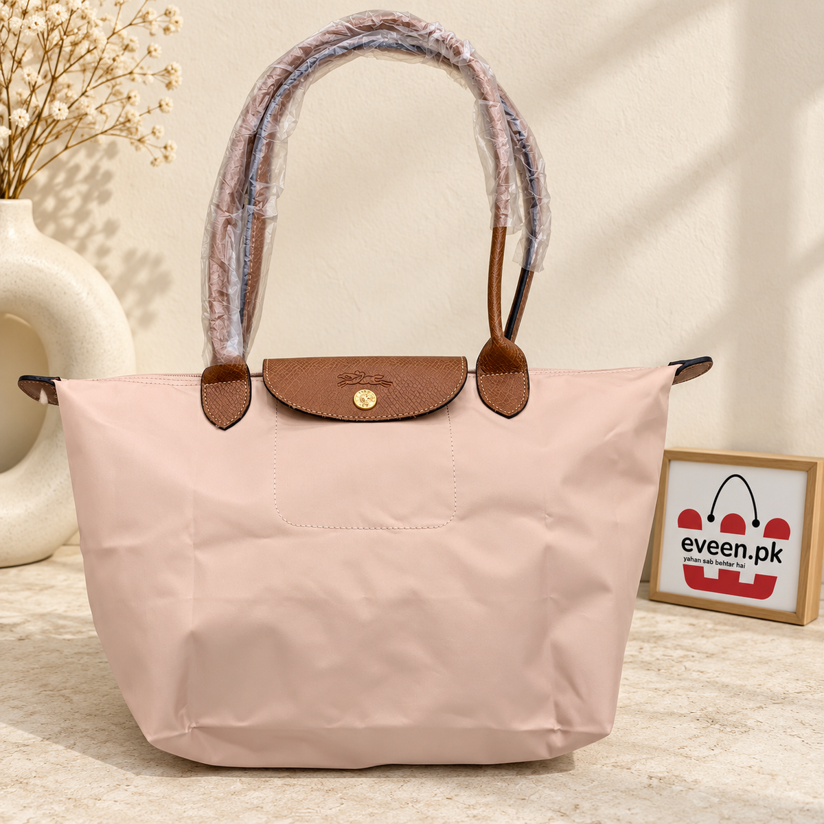 Nylon Tote Bag with Leather Handles, Everyday Shoulder Tote Bag, Large Capacity Tote Bag, Women’s Lightweight Travel Tote Bag