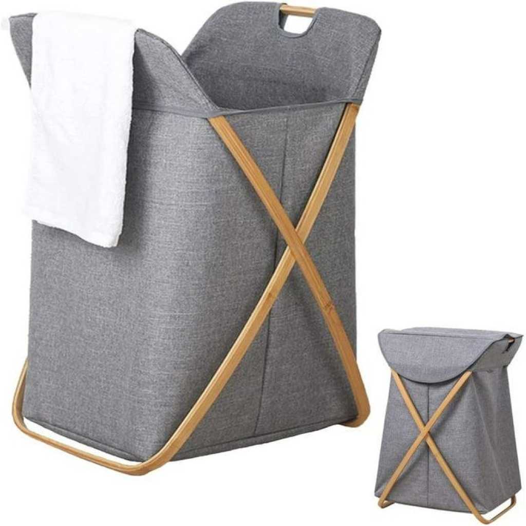 Bamboo Frame Foldable Laundry Basket, Wooden Handel Laundry Hamper, Lightweight Bathroom Laundry Basket