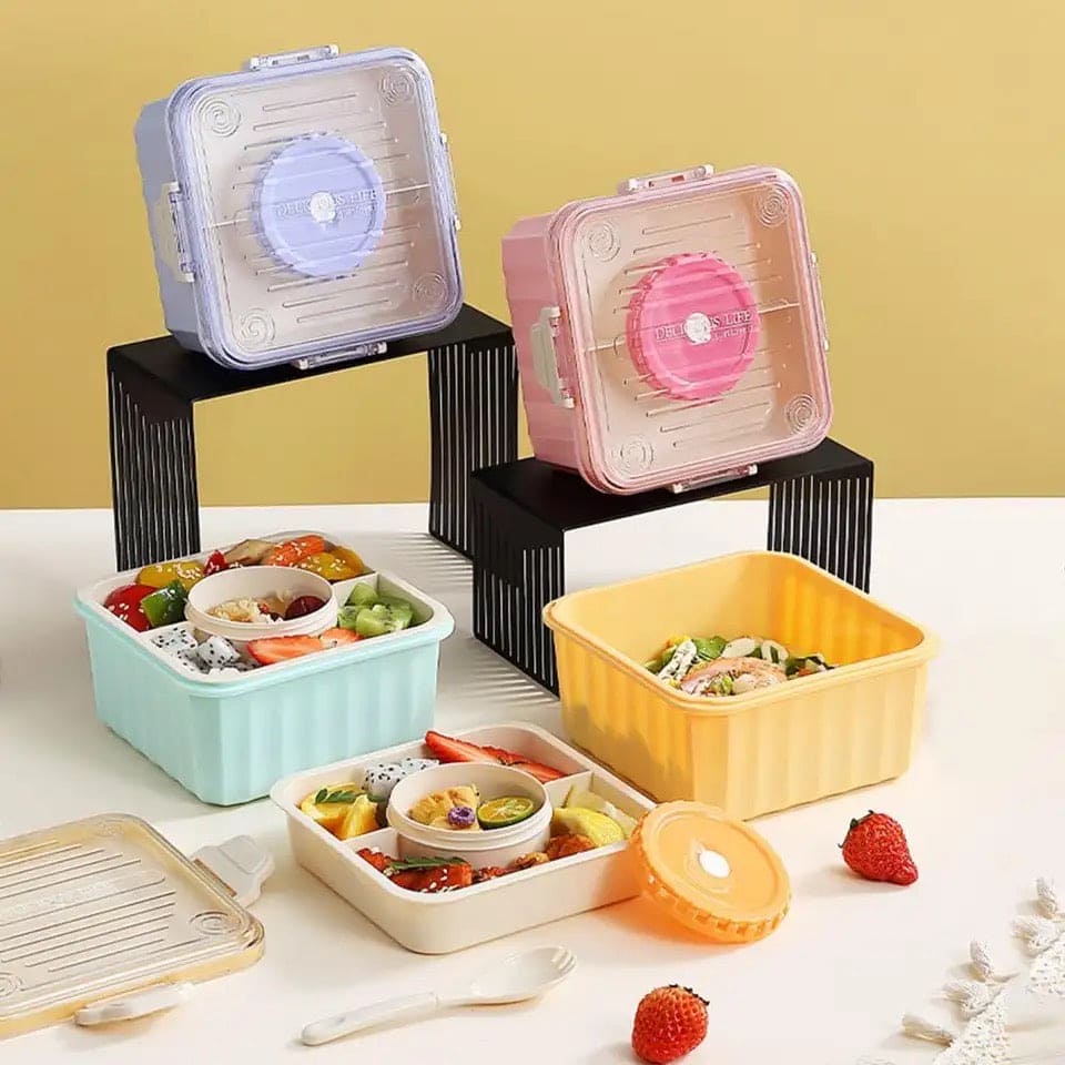3 Cell Bento Lunch Box, Food Storage Containers, Transparent Lunch Box, Microwave Heating Lunch Box, Food Container Portable Salad Bowl, Leak-Proof Lunch Box with Grid, Food Container for Home, Office, or School