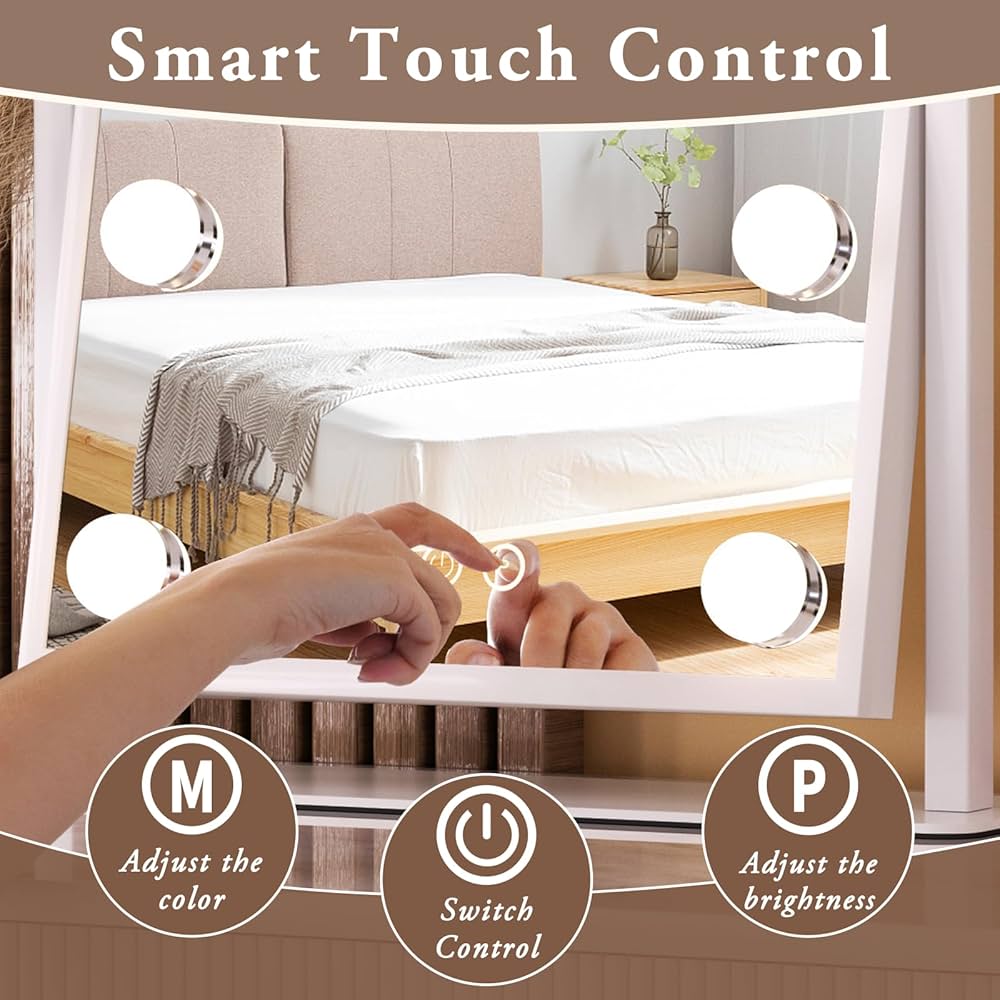 Smart Touch Vanity Mirror with Lights, Vanity Makeup Mirror with 3 Dimmable LED Bulbs, Rotatable Dressing Tabletop Mirror