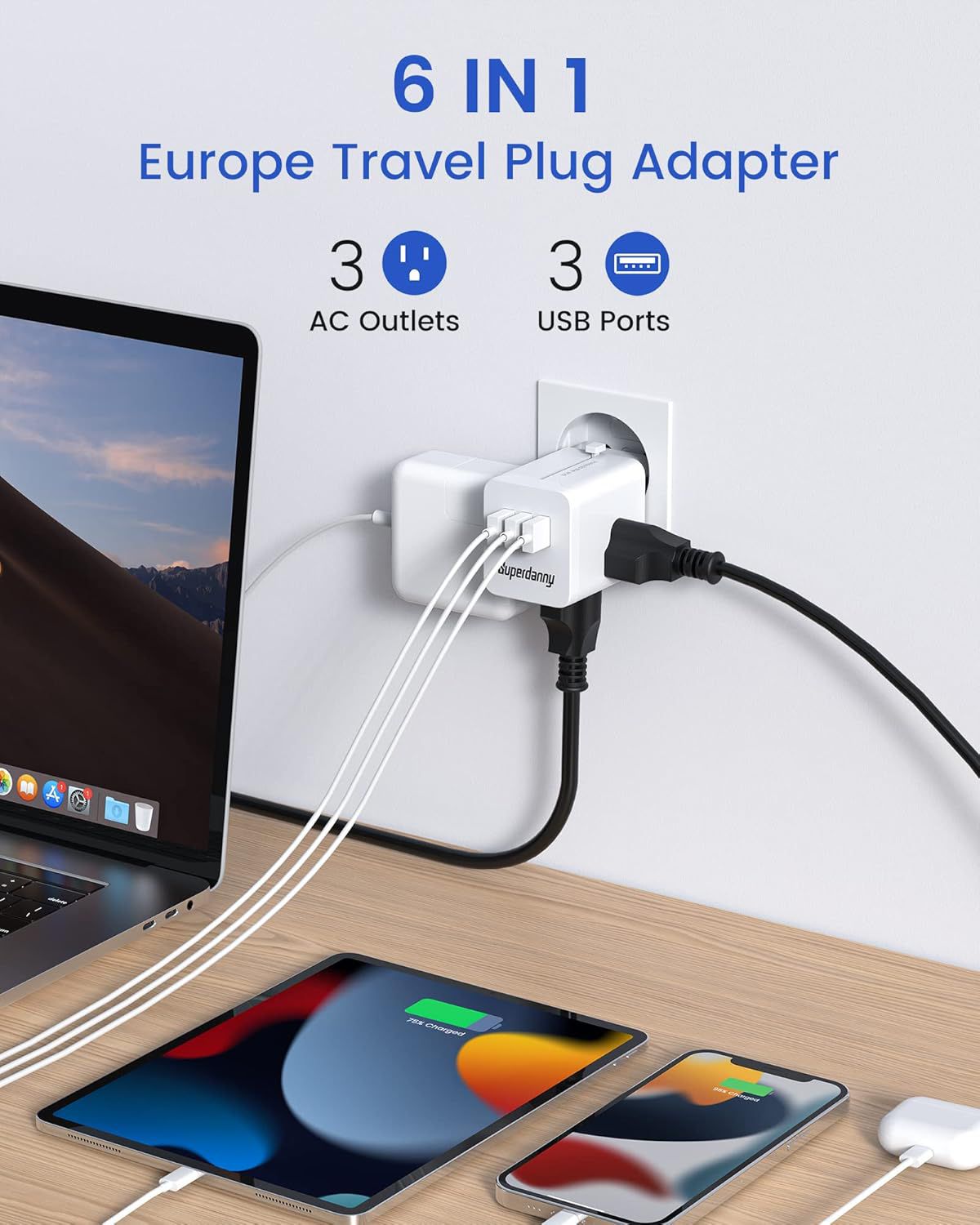 European Travel Plug Adapter, Retractable Plug, 3 USB Charger Adapter