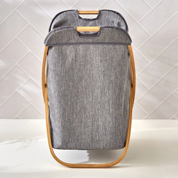 Bamboo Frame Foldable Laundry Basket, Wooden Handel Laundry Hamper, Lightweight Bathroom Laundry Basket