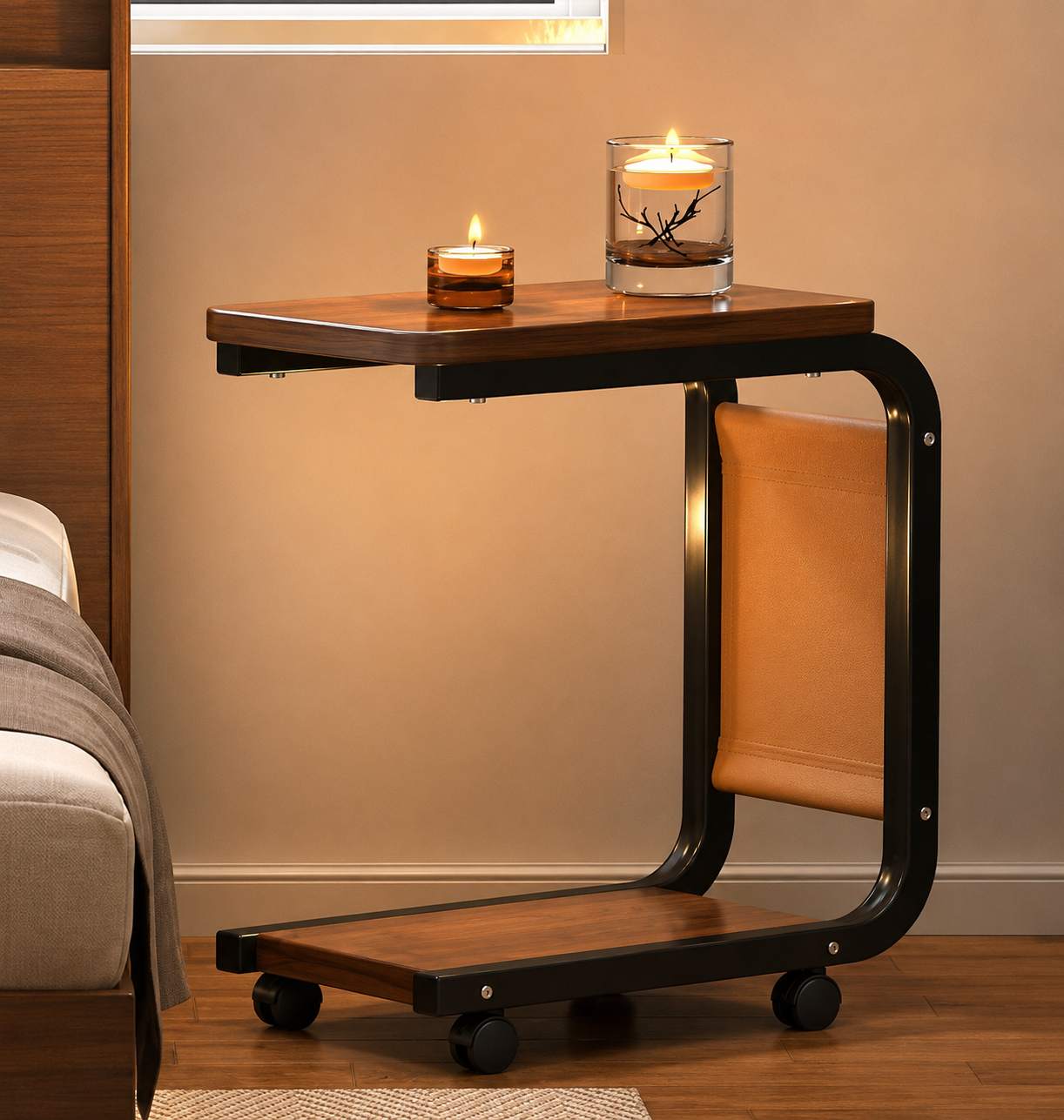 Rolling Sofa Side Table, Compact Bedside Utility Table, Space Saving Laptop Side Table, Compact Bedside Utility Table