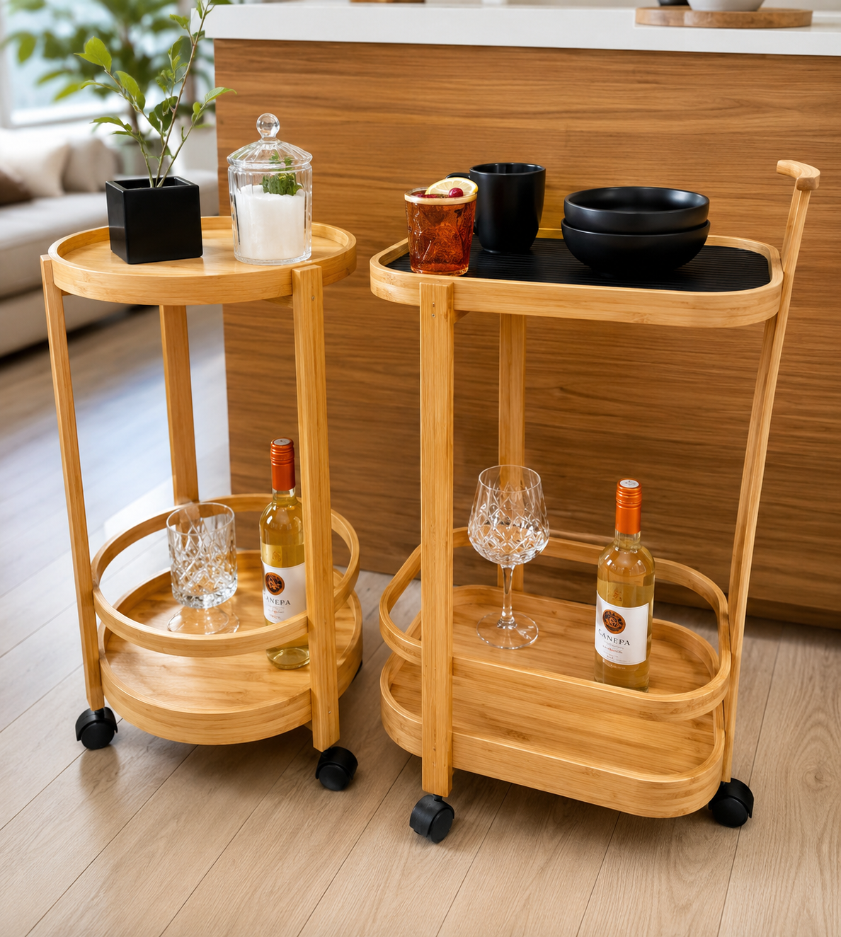 2 Tier Bamboo Rolling Serving Trolley, Multi Purpose Kitchen & Dining Cart, Dining Table Serving Trolley, Wooden Rolling Food Serving Cart